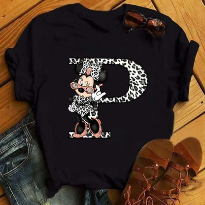 LVSANW Disney Leopard Minnie Mouse A-Z 26 English Letters Women T-shirt Short Sleeve Balck Tops Tee Clothing for Woman