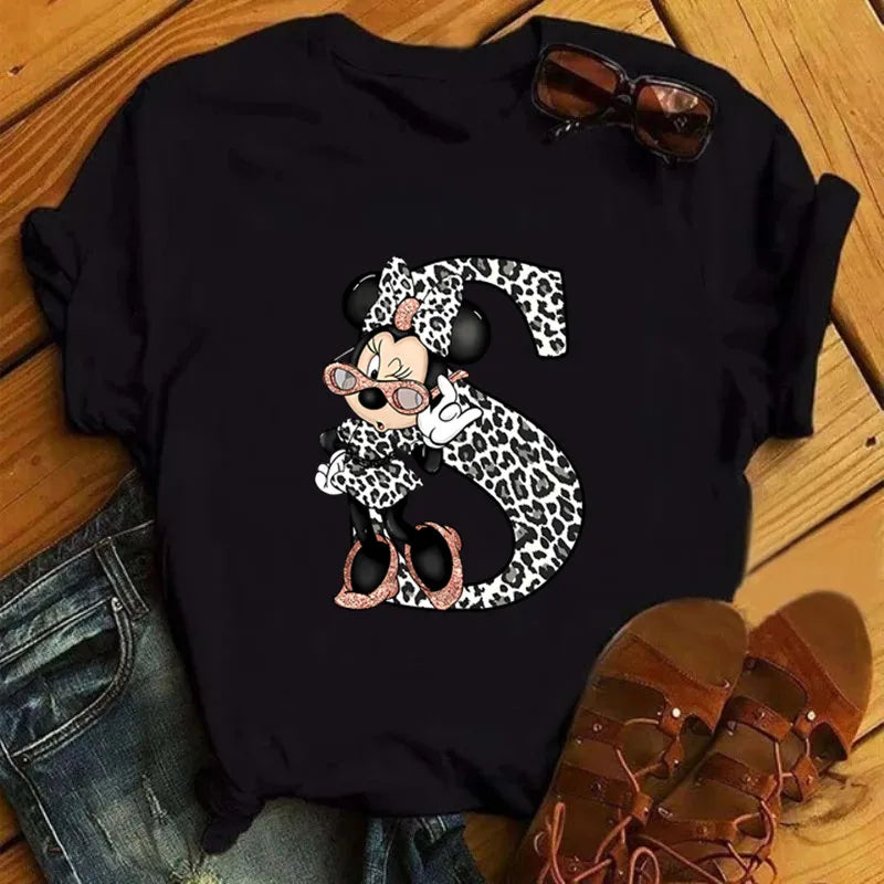 LVSANW Disney Leopard Minnie Mouse A-Z 26 English Letters Women T-shirt Short Sleeve Balck Tops Tee Clothing for Woman