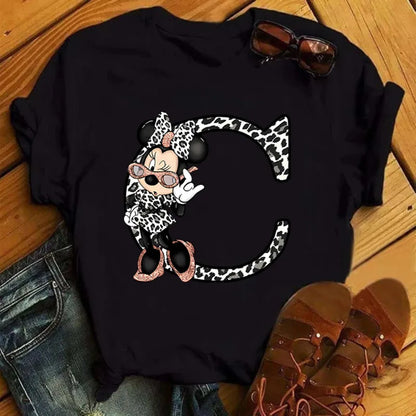 LVSANW Disney Leopard Minnie Mouse A-Z 26 English Letters Women T-shirt Short Sleeve Balck Tops Tee Clothing for Woman