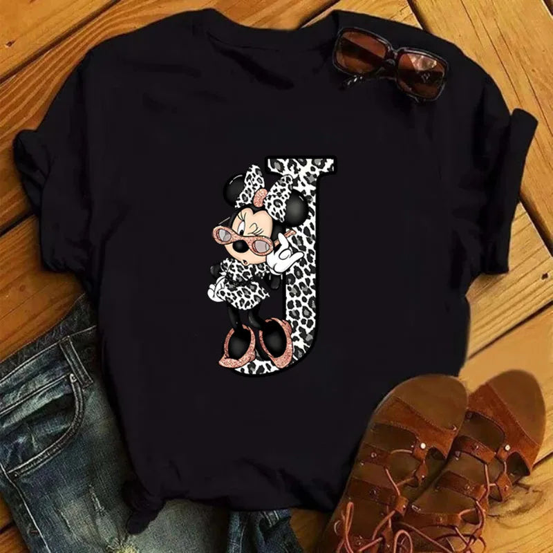 LVSANW Disney Leopard Minnie Mouse A-Z 26 English Letters Women T-shirt Short Sleeve Balck Tops Tee Clothing for Woman