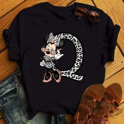 LVSANW Disney Leopard Minnie Mouse A-Z 26 English Letters Women T-shirt Short Sleeve Balck Tops Tee Clothing for Woman