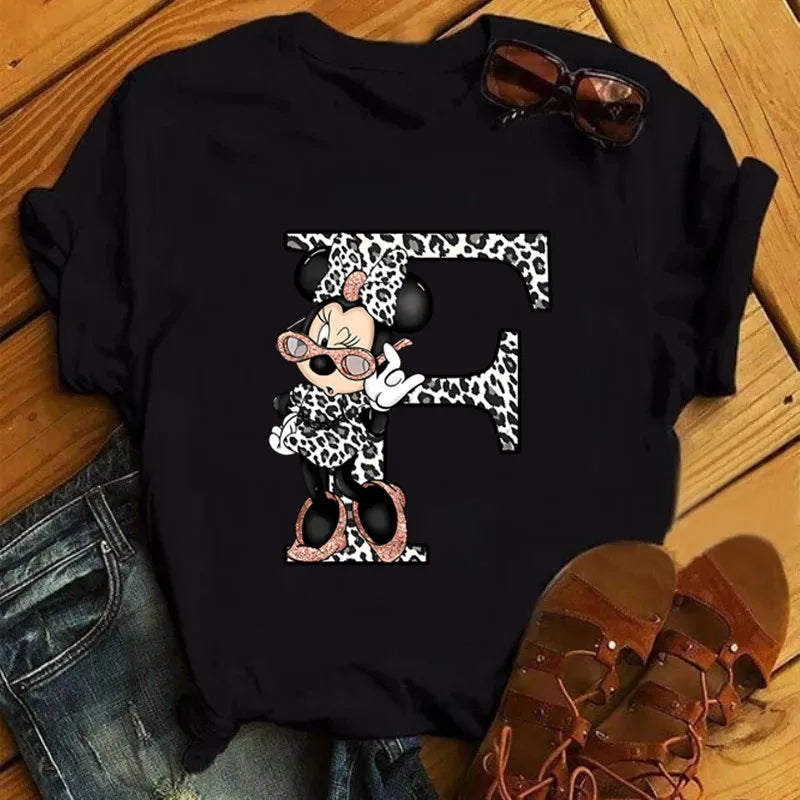 LVSANW Disney Leopard Minnie Mouse A-Z 26 English Letters Women T-shirt Short Sleeve Balck Tops Tee Clothing for Woman