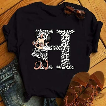 LVSANW Disney Leopard Minnie Mouse A-Z 26 English Letters Women T-shirt Short Sleeve Balck Tops Tee Clothing for Woman