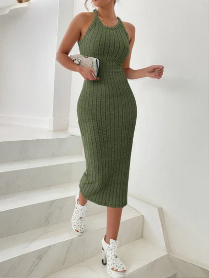 LVSANW Dresses for Women  Solid Halter Neck Bodycon Ribbed Knit Tank Dress