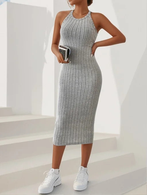 LVSANW Dresses for Women  Solid Halter Neck Bodycon Ribbed Knit Tank Dress