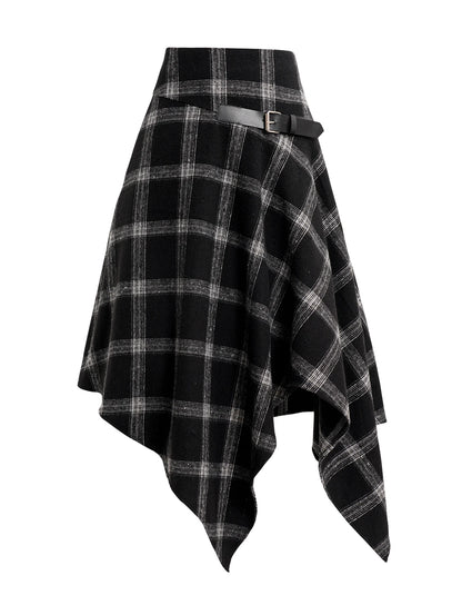 LVSANW Dressfo Womens Asymmetic Hem Plaid Skirt Buckle Strap Detail Casual Midi A Line Dress Black Skirts 2024 New