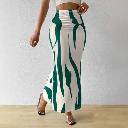 LVSANW Dressy Casual Graphic Zebra Print Pleated Long Skirts Women Autumn Fashion Elastic High Waist Geometry Midi Skirt Streetwear