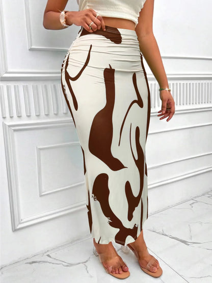 LVSANW Dressy Casual Graphic Zebra Print Pleated Long Skirts Women Autumn Fashion Elastic High Waist Geometry Midi Skirt Streetwear