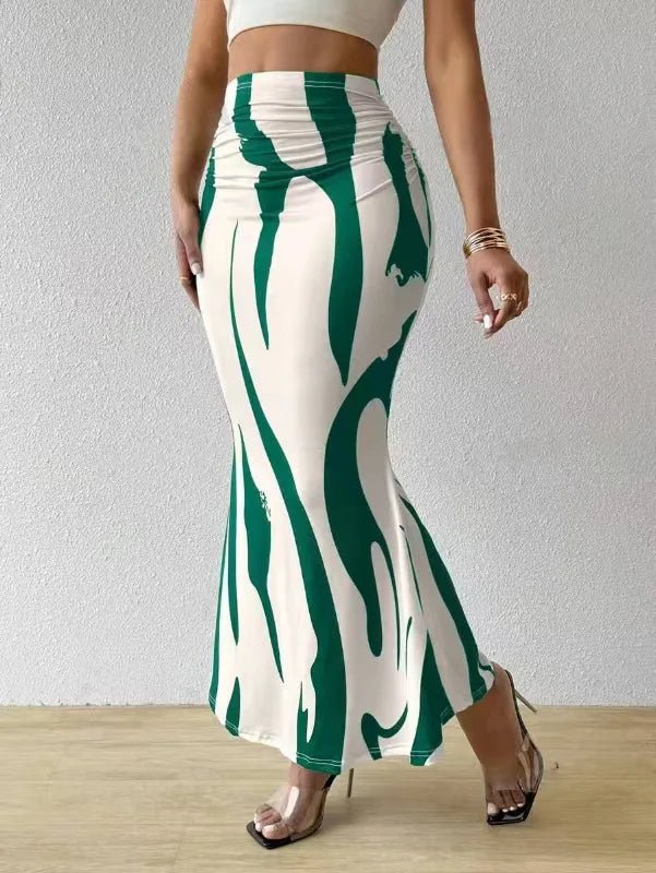 LVSANW Dressy Casual Graphic Zebra Print Pleated Long Skirts Women Autumn Fashion Elastic High Waist Geometry Midi Skirt Streetwear