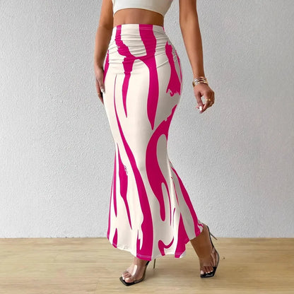 LVSANW Dressy Casual Graphic Zebra Print Pleated Long Skirts Women Autumn Fashion Elastic High Waist Geometry Midi Skirt Streetwear