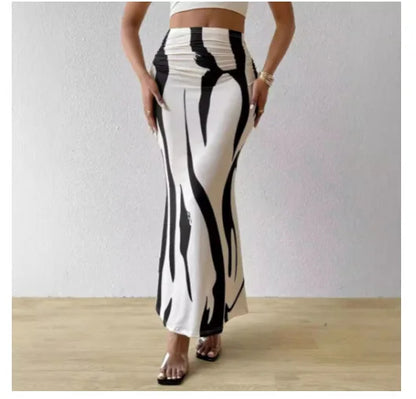 LVSANW Dressy Casual Graphic Zebra Print Pleated Long Skirts Women Autumn Fashion Elastic High Waist Geometry Midi Skirt Streetwear