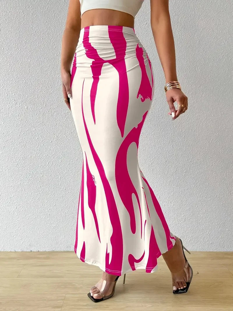 LVSANW Dressy Casual Graphic Zebra Print Pleated Long Skirts Women Autumn Fashion Elastic High Waist Geometry Midi Skirt Streetwear