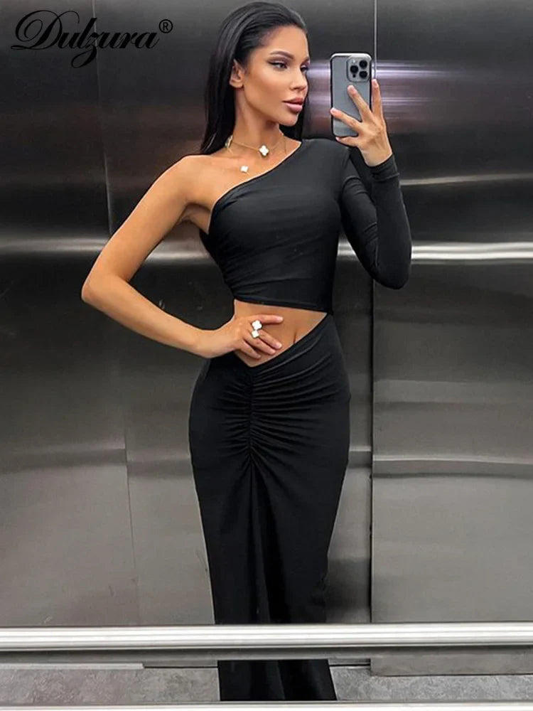 LVSANW Dulzura Long Sleeve One Shoulder Maxi Dress Cut Out Ruched Slit Bodycon Sexy Prom Party Elegant Evening Y2K Clothes Birthday