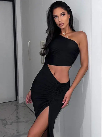 LVSANW Dulzura Long Sleeve One Shoulder Maxi Dress Cut Out Ruched Slit Bodycon Sexy Prom Party Elegant Evening Y2K Clothes Birthday