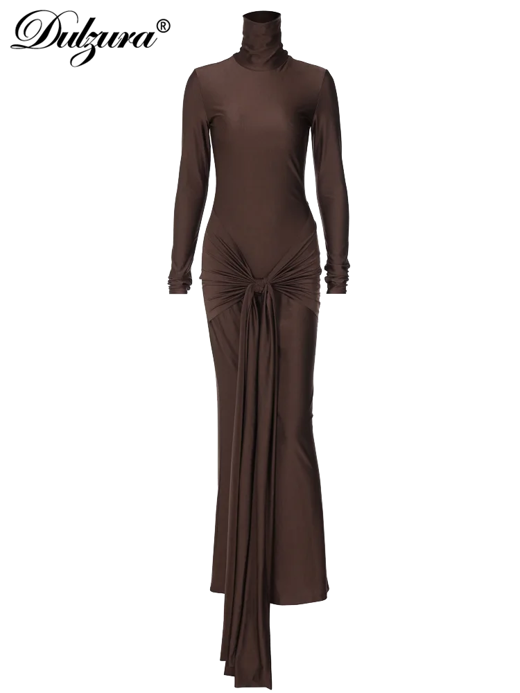 LVSANW Dulzura Solid Pure Color Turtleneck Maxi Dress Tassels Long Sleeves Bow-Knot 2024 Autumn Winter Women Sexy Elegant Evening Party