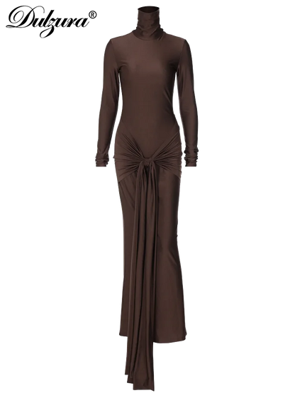 LVSANW Dulzura Solid Pure Color Turtleneck Maxi Dress Tassels Long Sleeves Bow-Knot 2024 Autumn Winter Women Sexy Elegant Evening Party