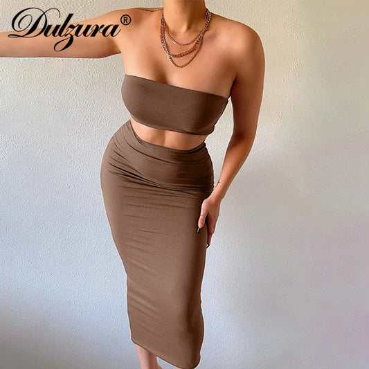 LVSANW Dulzura Solid Women 2 Piece Set Tube Crop Top Midi Skirt Bodycon Sexy Streetwear Party Club Elegant Matching Co Ords 2024 Summer