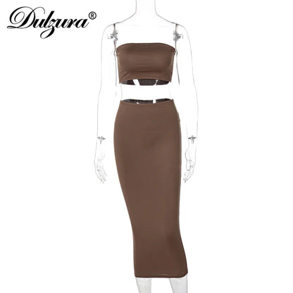 LVSANW Dulzura Solid Women 2 Piece Set Tube Crop Top Midi Skirt Bodycon Sexy Streetwear Party Club Elegant Matching Co Ords 2024 Summer