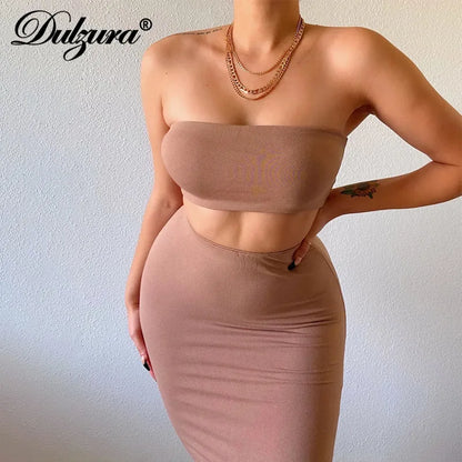 LVSANW Dulzura Solid Women 2 Piece Set Tube Crop Top Midi Skirt Bodycon Sexy Streetwear Party Club Elegant Matching Co Ords 2024 Summer