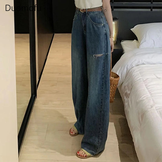 LVSANW Duomofu Chic Hollow Out Basic High Waist Slim Casual Female Jeans Summer New Loose Casual Fashion Full Length Simple Women Jeans