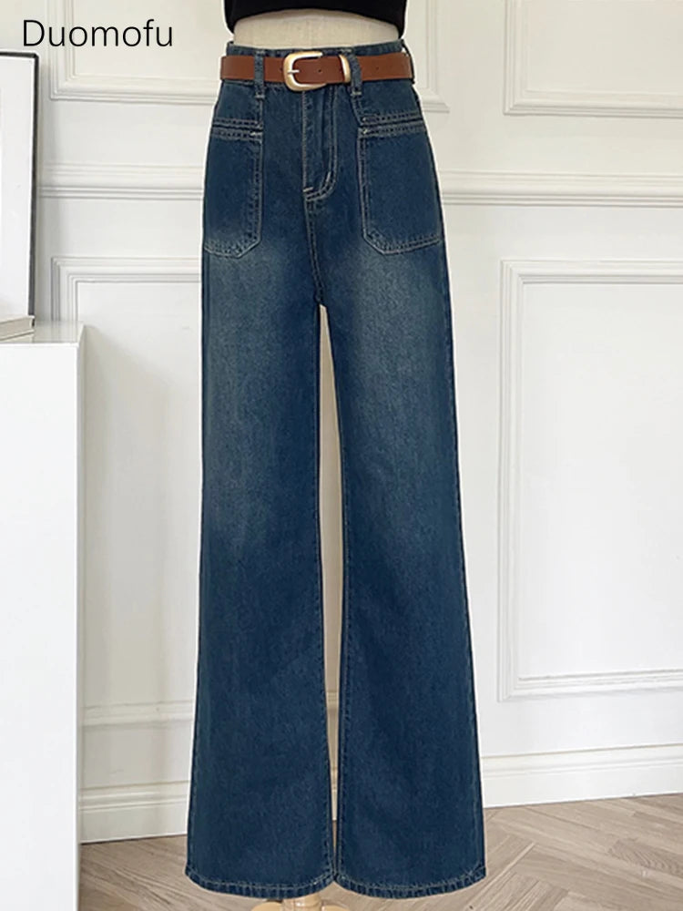 LVSANW Duomofu Chic Pocket Basic Belt High Waist Slim Straight Female Jeans Summer Vintage Full Length Loose Casual Fashion Women Jeans