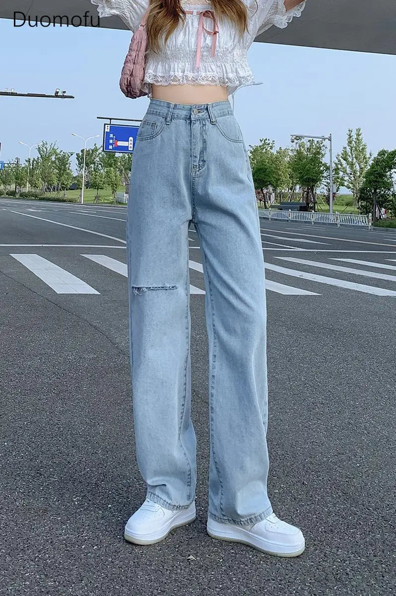 LVSANW Duomofu Korean Basic High Waist Slim Casual Women Jeans Summer Classic Full Length Fashion Washed Simple Straight Female Jeans