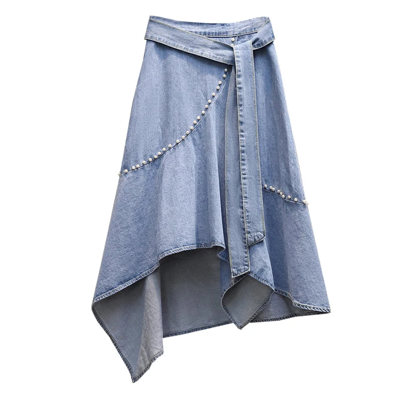 LVSANW EHQAXIN Women's Casual Denim Skirt 2024 Summer New Simple Irregular Lace-Up Beaded Loose Denim Skirt Ladies Fashion Youth L-4XL