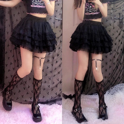 LVSANW Elastic Gothic Lace Tutu Skirt Women Black Mesh Detail Petticoat Sexy Mini Tulle Skirts Party Club Wear Dancer