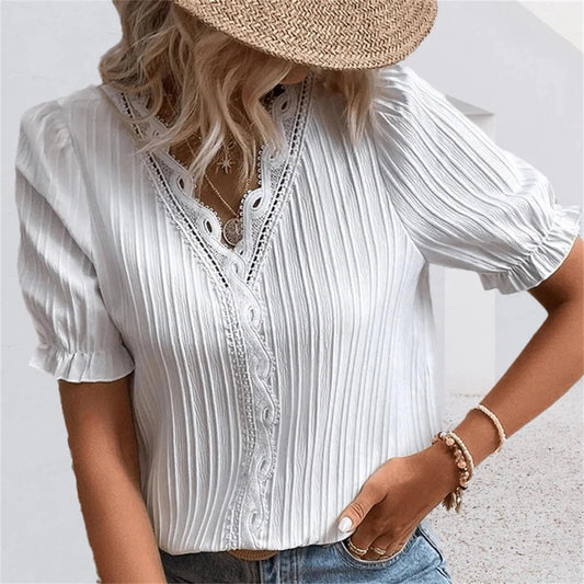 LVSANW Elegant Blouse Solid Shirt Lace 2024 Summer Fashion Lace Stitching Hollow Short Sleeve Pullover Top Office Lady Shirt Apparel