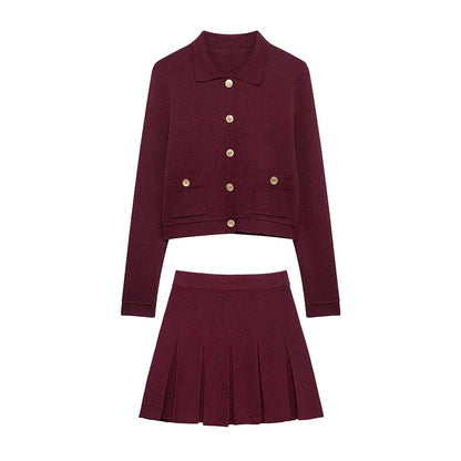 LVSANW Elegant Brown Skirt Suits Knitted O-Neck Long Sleeve Metal Button Cardigan High Waist A-line Mini Skirts 2025 Spring Lady Outfit