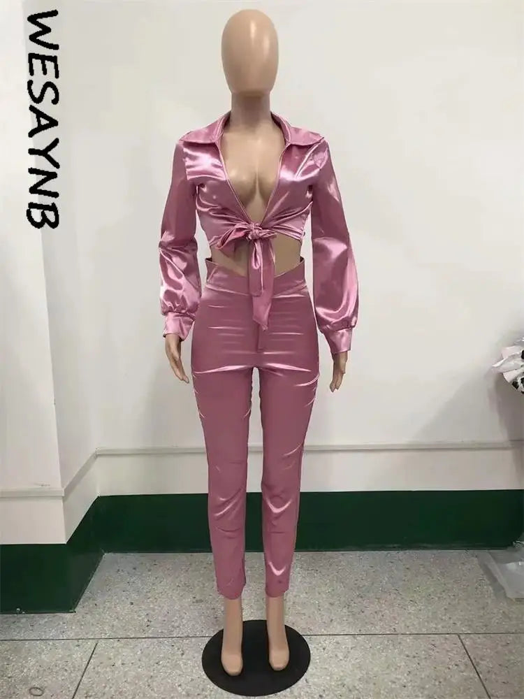 LVSANW Elegant Casual Matching Sets Womens 2 Two Piece Set For Womens Long Sleeve Crop Top Outfits Pink Pants Sets 2024 Fall Outfits