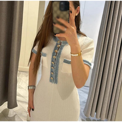 LVSANW Elegant Denim Patchwork Knitted Long Dress Women Fashion V Neck Short Sleeved Buttons Bodycon Dresses Female White Pockets Robes