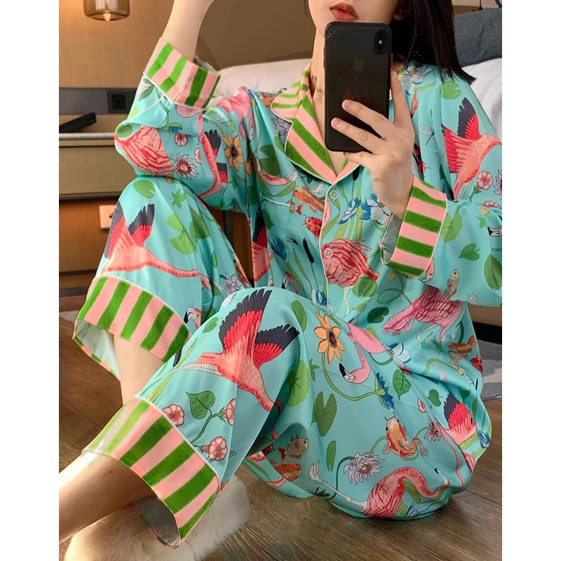 LVSANW Elegant Design Bird of Fire Cartoon Print Women's Pajamas Fashion Y2k Classical Lounge Sleepwear 2024 New Spring/Fall Housewear