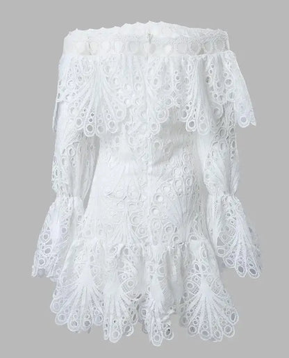 LVSANW Elegant Dresses for Women Eyelet Embroidery Off Shoulder Ruffle Hem Party Mini Dress A Line New Fashion 2024 Summer Casual