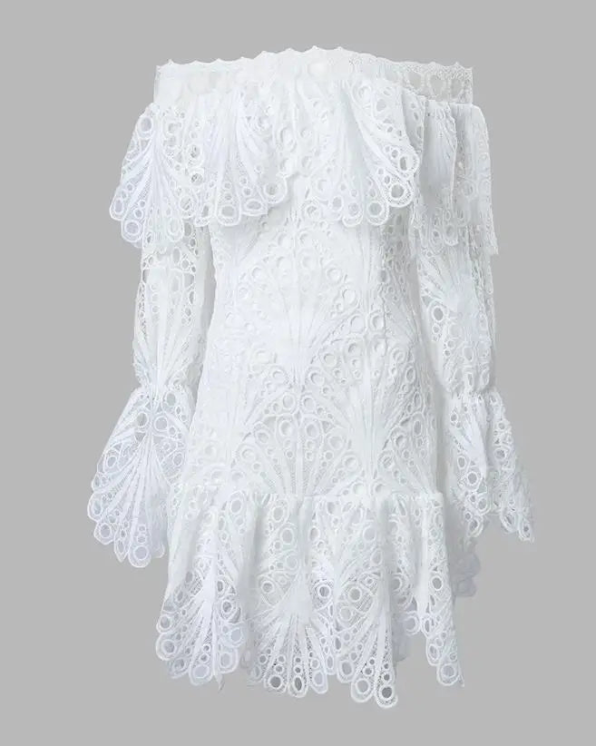 LVSANW Elegant Dresses for Women Eyelet Embroidery Off Shoulder Ruffle Hem Party Mini Dress A Line New Fashion 2024 Summer Casual