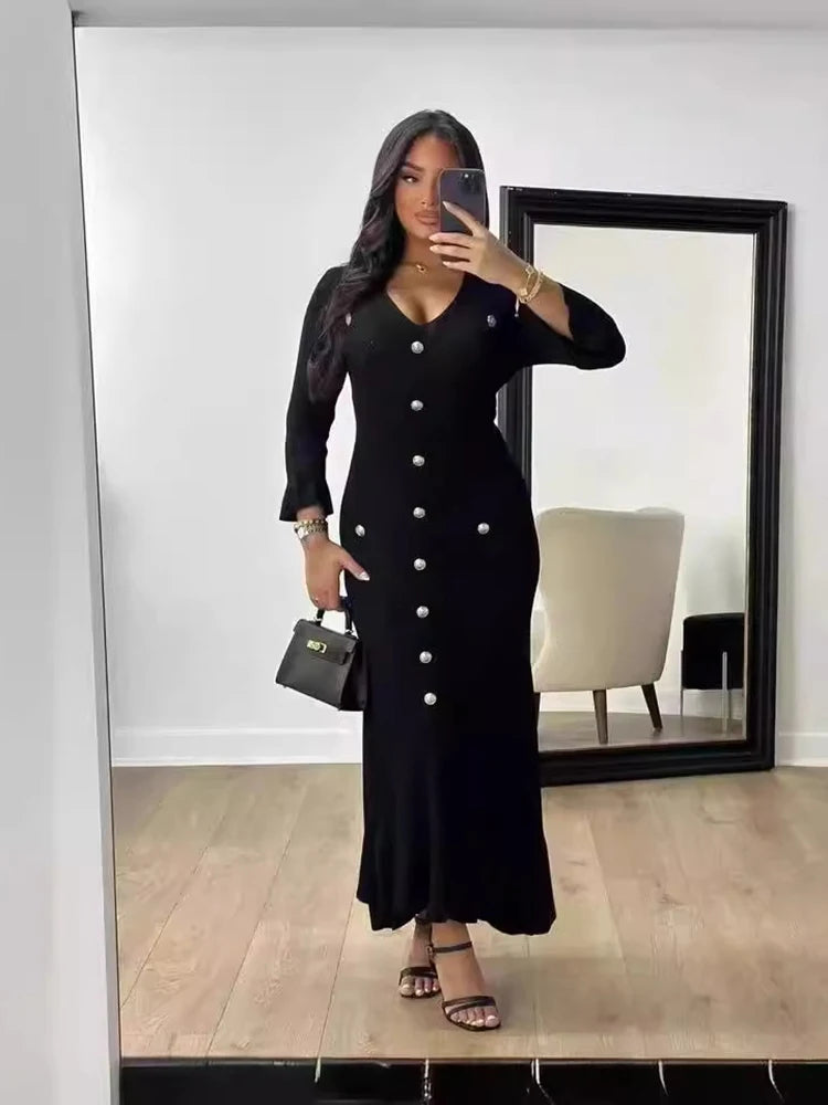 LVSANW Elegant Knitted Long Dress Women Flare Sleelve V Neck Ruffles Single Breasted Bodycon Dresses Party Fashion Office Lady Vestidos