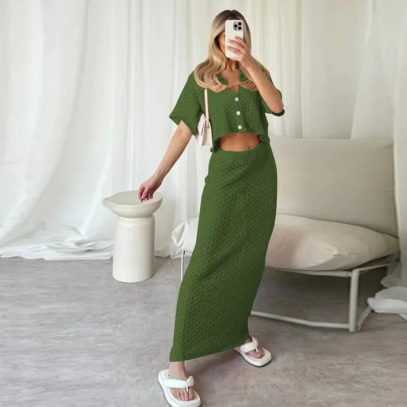 LVSANW Elegant Knitted Long Skirt Women's Sets Hollow Out Lapel Short Sleeve Cropped Top  Maxi Skirts 2024 Summer Crochet Female Suit