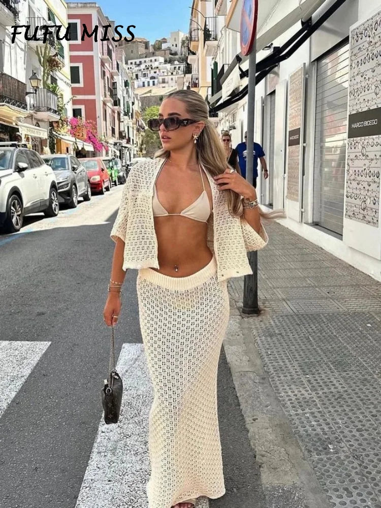 LVSANW Elegant Knitted Long Skirt Women's Sets Hollow Out Lapel Short Sleeve Cropped Top  Maxi Skirts 2024 Summer Crochet Female Suit