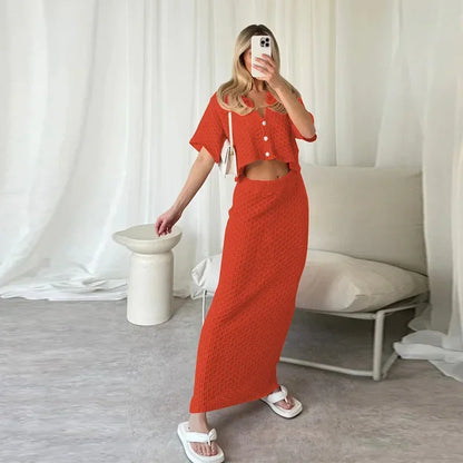 LVSANW Elegant Knitted Long Skirt Women's Sets Hollow Out Lapel Short Sleeve Cropped Top  Maxi Skirts 2024 Summer Crochet Female Suit