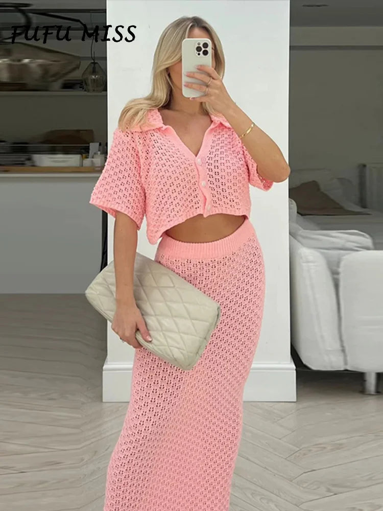 LVSANW Elegant Knitted Long Skirt Women's Sets Hollow Out Lapel Short Sleeve Cropped Top  Maxi Skirts 2024 Summer Crochet Female Suit