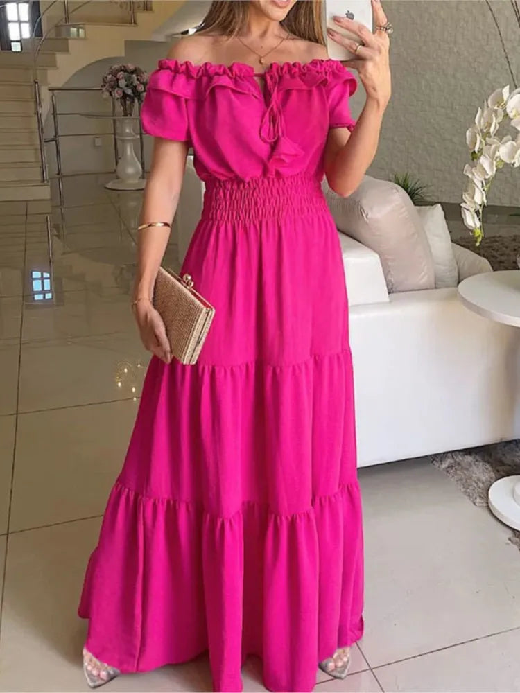 LVSANW Elegant Lace Up One-shoulder Dress Women Fashion Spring Autumn Solid Color Ruffled Splicing Short-sleeved Casual Dresses Female