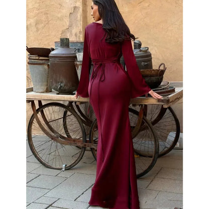 LVSANW Elegant Lady Silk Birthday Party Dresses 2024 New Flare Sleeves Lace Up Slim Long Dress Evening Wedding Dresses Autumn For Women