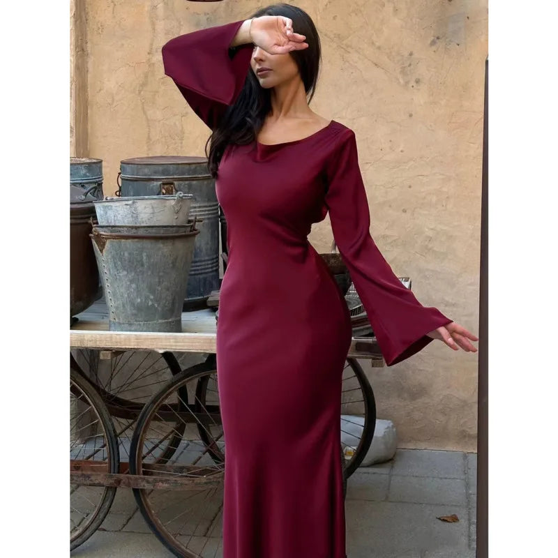 LVSANW Elegant Lady Silk Birthday Party Dresses 2024 New Flare Sleeves Lace Up Slim Long Dress Evening Wedding Dresses Autumn For Women