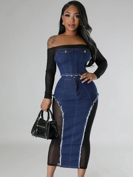 LVSANW Elegant Mesh Patchwork Denim Dress Sets Womens 2 Piece Outfit Set Clubwear Slash Neck Crop Top and Long Skirt Matching Sets Chic