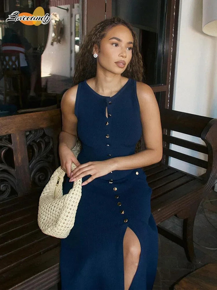 LVSANW Elegant New Fake Pockets Knitted Long Dress Fashion Single Button Sleeveless O Neck Slim Dresses Summer Lady Commute Party Wear