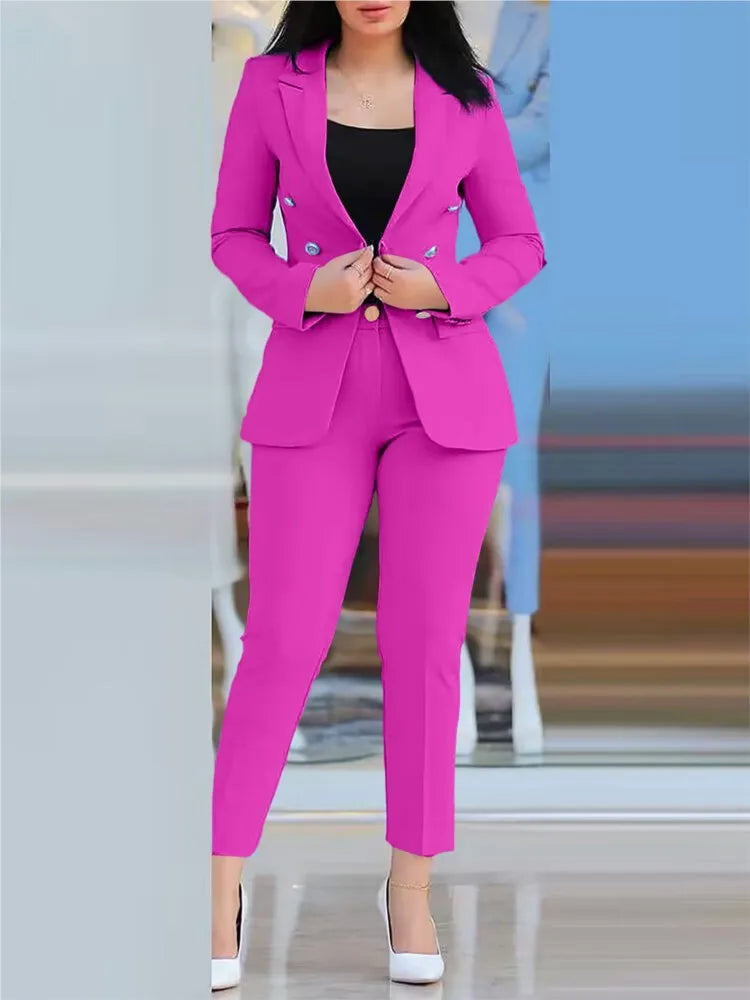 LVSANW Elegant Office Lady Two Piece Sets New Autumn Winter Women Fashion Notched Neck Long Sleeve Blazer & High Waist Work Pants Suit