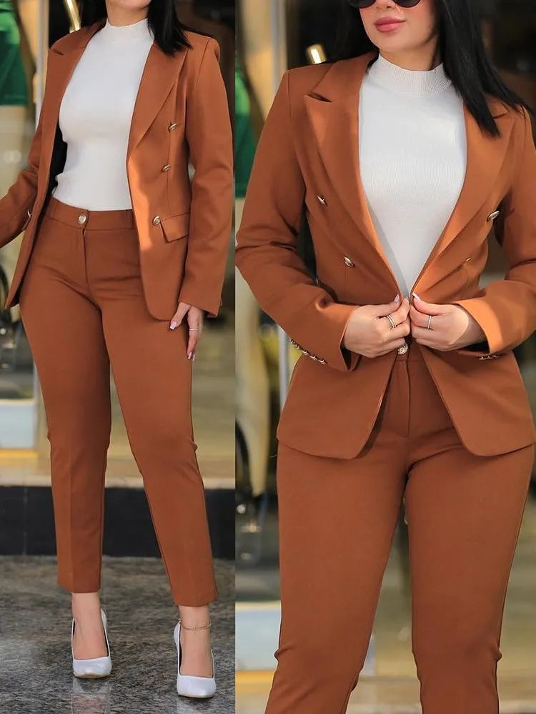 LVSANW Elegant Office Lady Two Piece Sets New Autumn Winter Women Fashion Notched Neck Long Sleeve Blazer & High Waist Work Pants Suit