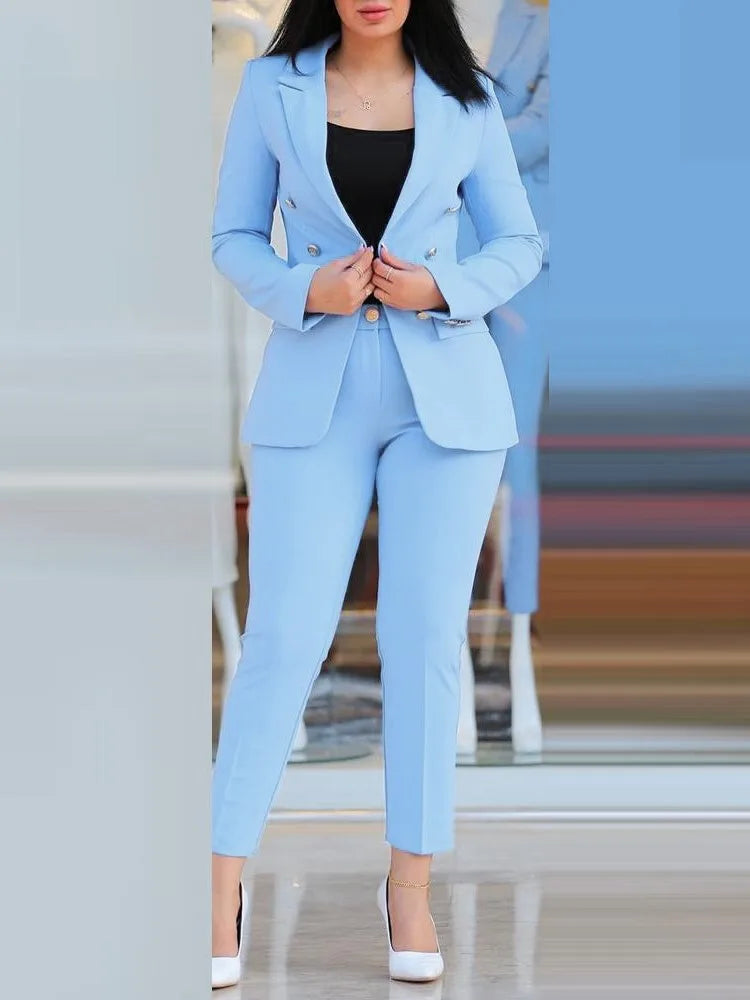 LVSANW Elegant Office Lady Two Piece Sets New Autumn Winter Women Fashion Notched Neck Long Sleeve Blazer & High Waist Work Pants Suit