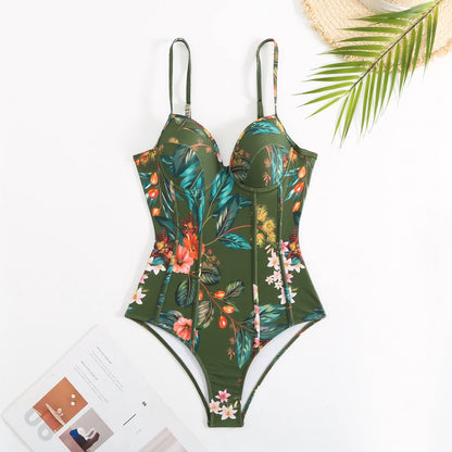 LVSANW Elegant One-Piece Swimwear Cover-up Green Floral Print Swimsuit 2024  Summer New Women Two Pieces Beach Wear Fashion Bikini