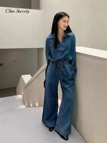 LVSANW Elegant Pants Women Denim 2 Pieces Set Fashion Long Sleeve Turn-down Collar Top Drawstring Wide Trousers 2024 Autumn Lady Suit